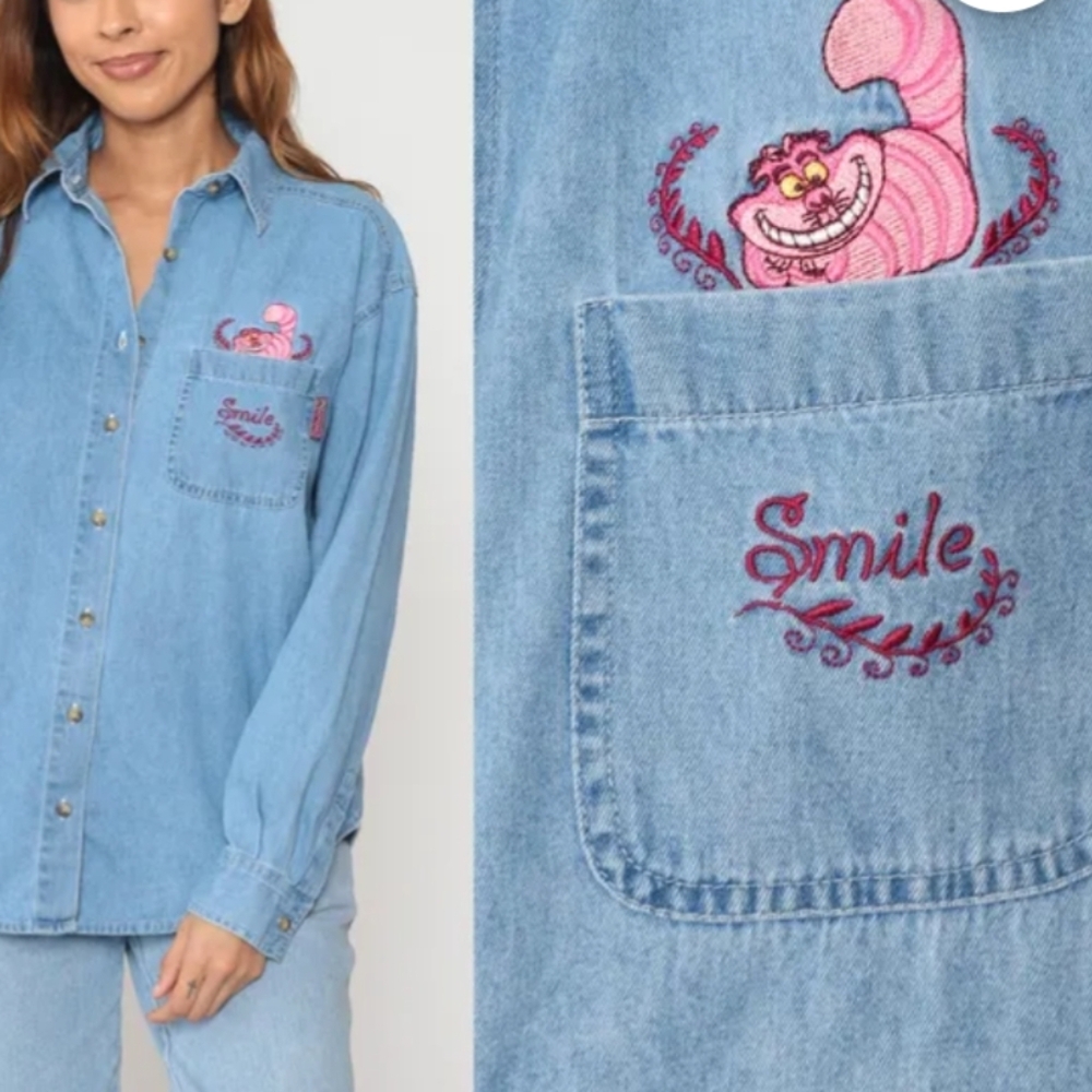 Cheshire Cat Denim Shirt 90s Disney Classics Alice in Wonderland Sz L - Picture 2 of 12